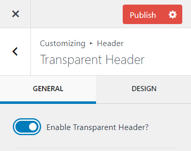 Enable transparent header in header customization settings on WordPress