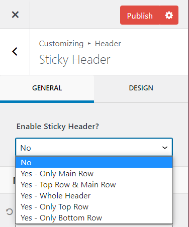 enable sticky header in header customization in WordPresss