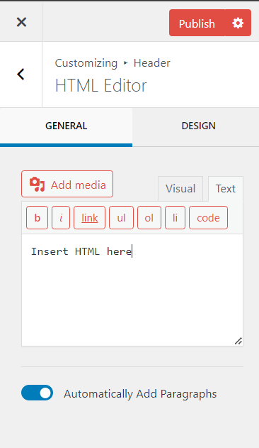 How to add HTML custom widgets to the header?