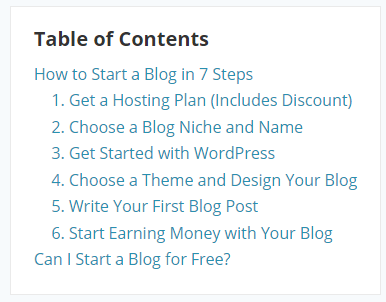 sidebar example > table of contents