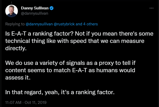 A tweet explaining that E-E-A-T is not a ranking factor